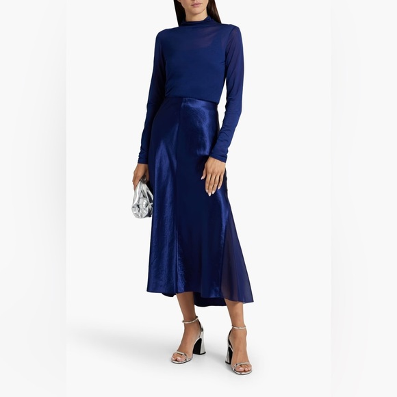 Vince Blue Chiffon and Crinkled-Satin Midi Skirt Size 8 - Picture 1 of 15